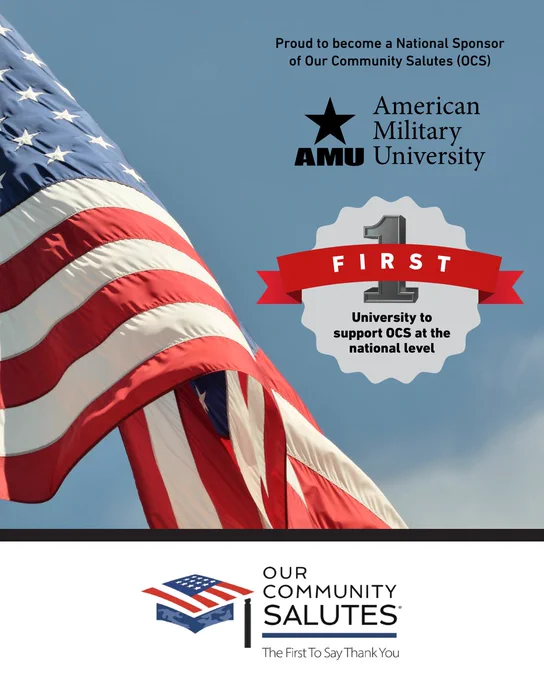 American flag waving with American Military University named as first university national sponsor of Our Community Salutes (OCS).