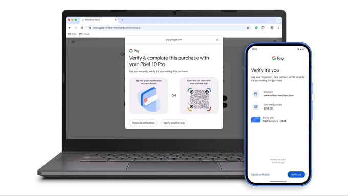 Payment verification screens on a phone and a laptop.