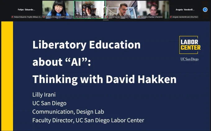 Screenshot of Lili Irani`s presentation entitled "Liberatory Education about "AI": Thinking with David Hakken".