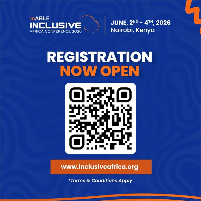 A promotional poster for the inABLE Inclusive Africa Conference 2026 on a dark blue textured background. At the top left is the conference logo featuring the text "inABLE INCLUSIVE AFRICA CONFERENCE 2026" next to an orange line-art icon of a human profile. To the right, it lists the date as June 2nd – 4th, 2026 and the location as Nairobi, Kenya.