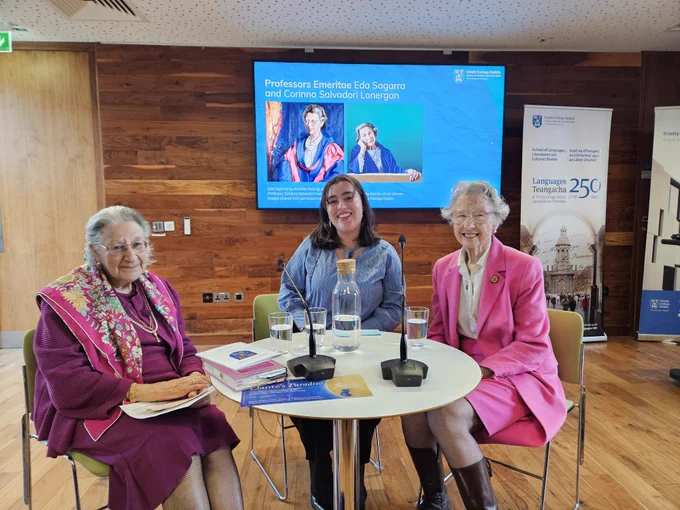 Professors Emeritae Eda Sagarra and Corinna Salvadori Lonergan, with student Amberlie Collins.