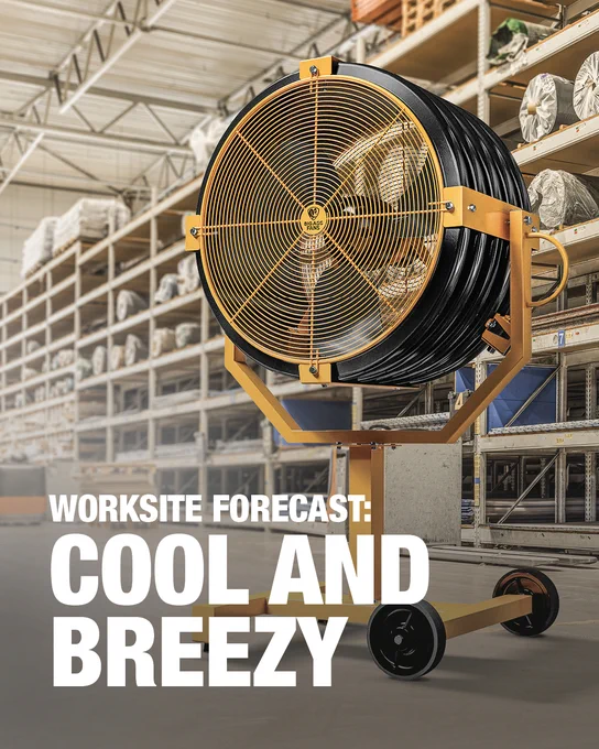 Large industrial fan on wheels in a warehouse aisle. Shelves stocked with materials can be seen in the background. Text within the image reads "Worksite forecast: cool and breezy."