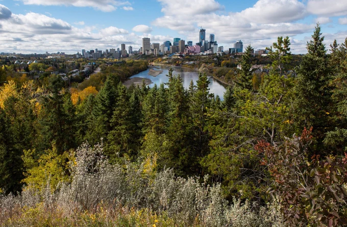 View of the river valley with the downtown skyline in the background