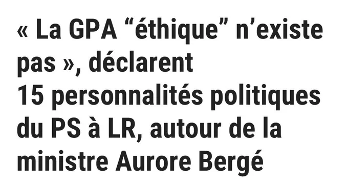 Capture d’écran d’un article Ouest- France : « La GPA "éthique" n'existe pas », déclarent 15 personnalités politiques du PS à LR, autour de la ministre Aurore Bergé