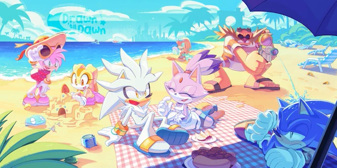 Sonic & Friend enjoying a beautiful sunny day! Sonic is seen being annoyed by Eggman, Silver and Blaze are enjoying a nice picnic together, Amy and Cream are building a sandcastle together, Knuckles is busy treasure hunting for seashells, while Tails and Shadow are seen in the far distance water skiing! Big the Cat appears to be napping by the shoreline.