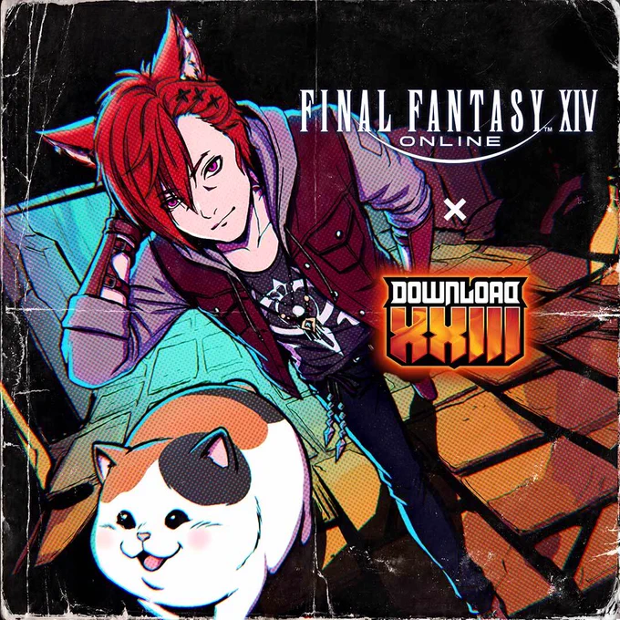 Download Festival 2026 exclusive artwork featuring G'raha Tia dressed in casualwear posing alongside a Fat Cat. Next to him are the logos of Final Fantasy 14 Online and 23rd Download Festival.