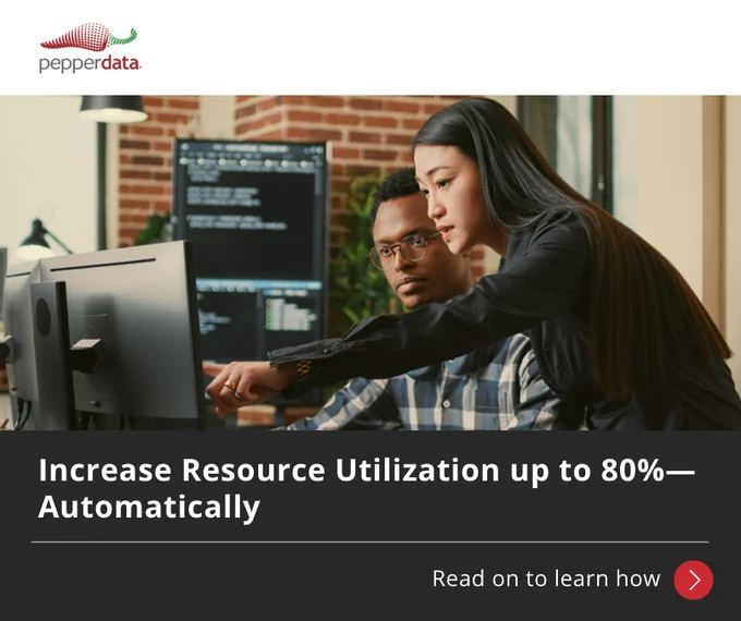 An image of the Pepperdata logo and two people looking at a computer screen with the words, "Increase Resource Utilization up to 80%—Automatically. Read on to learn how."