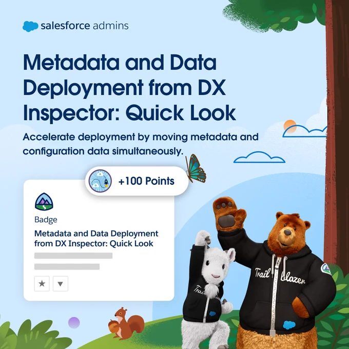 The image features Salesforce mascots standing next to a graphic with text. The text reads: "Salesforce Admins. Metadata and Data Deployment from DX Inspector: Quick Look. Accelerate deployment by moving metadata and configuration data simultaneously." There is a badge graphic displaying " 100 Points" and titled "Metadata and Data Deployment from DX Inspector: Quick Look."  A cloud and nature-themed background design surrounds the text and mascots.