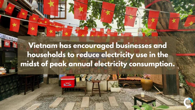 A photo of a Vietnamese city with the text, “Vietnam has encouraged businesses and households to reduce electricity use in the midst of peak annual electricity consumption.”