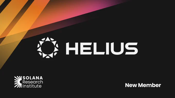 Helius logo with vibrant, angular design elements announces its membership in the Solana Research Institute.