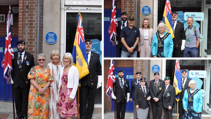 Collage of photos from Jim Ruggles' plaque unveiling event including photos of family and local Councillors.