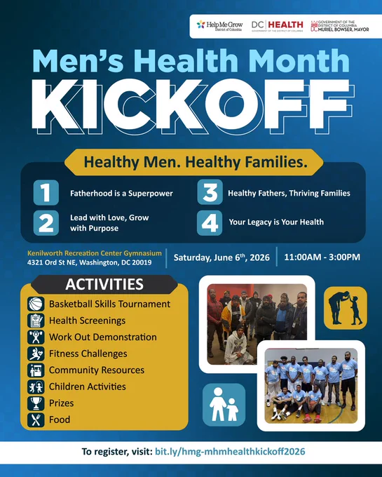Image of group photos of men and a silhouette of a man and boy high-fiving with the message, "In celebration of #MensHealthMonth, join DC Health on Saturday, June 6 at Kenilworth Recreation Center from 11:00am-3:00pm for wellness resources and community support to help you and your family thrive. Visit: https://www.eventbrite.com/e/1990022179910?aff=oddtdtcreator"