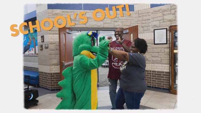 A header that reads "SCHOOL'S OUT!" above an image of our mascot, Allie the Alligator, dancing with the principal and music teacher of Hemmenway Elementary School.