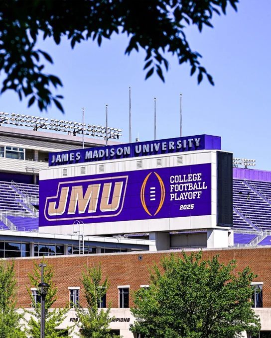 The new 2025 College Football Playoff signage installed on the back of the scoreboard at Bridgeforth Stadium.