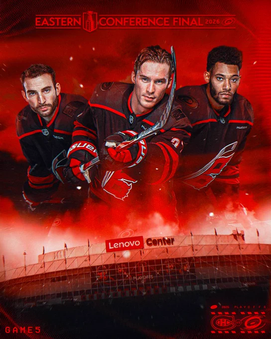 Hype graphic promoting Game 5 of the ECF with Shayne Gostisbehere, Andrei Svechnikov, and K'Andre Miller above the Lenovo Center