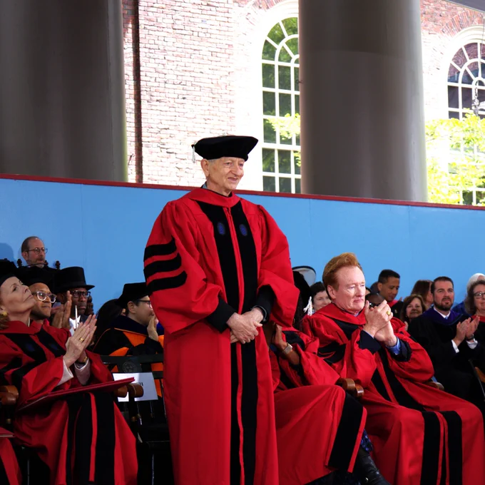 Geoffrey Hinton (centre) with fellow honorary degree recipients Peggy Noonan (left) and Conan O'Brien (right) (photo by Jennifer Cressman)