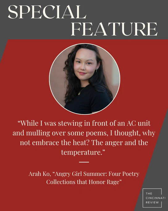 Photo of Ko and quote: "While I was stewing in front of an AC unit and mulling over some poems, I thought, why not embrace the heat? The anger and the temperature."