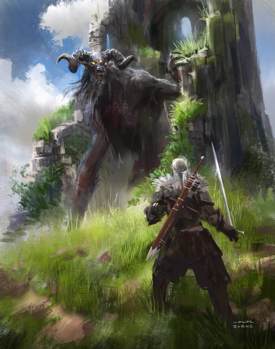 Digital painting of Geralt of Rivia facing a large monster among the ruins of a stone tower. Geralt stands ready to fight with his sword drawn. The monster towers above him, with large curved horns, three glowing yellow eyes, and bared fangs. Grass and vegetation grow around the ruins, and a blue sky is visible in the background.