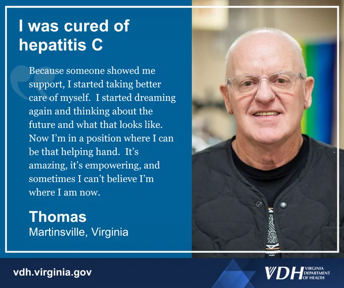 Portrait of Thomas from Martinsville, Virginia, sharing his story of being cured of hepatitis C and finding empowerment through support.