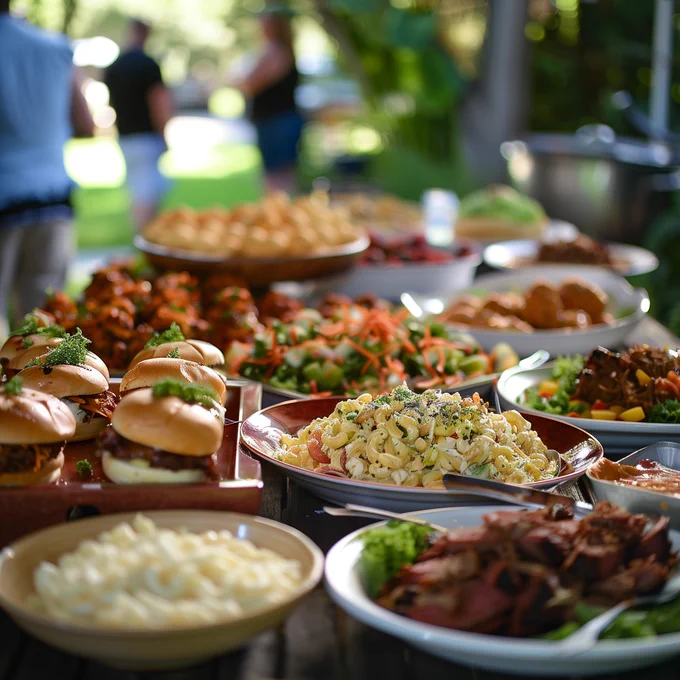 A buffet table outdoors featuring sliders, pasta salad, grilled meats, and various side dishes.