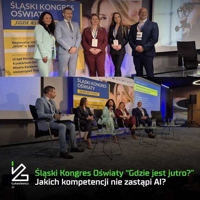 5 dorosłych osób na scenie w eleganckich strojach. 5 dorosłych osób, w tym trzy kobiety, pozują do zdjęcia przy ściance.