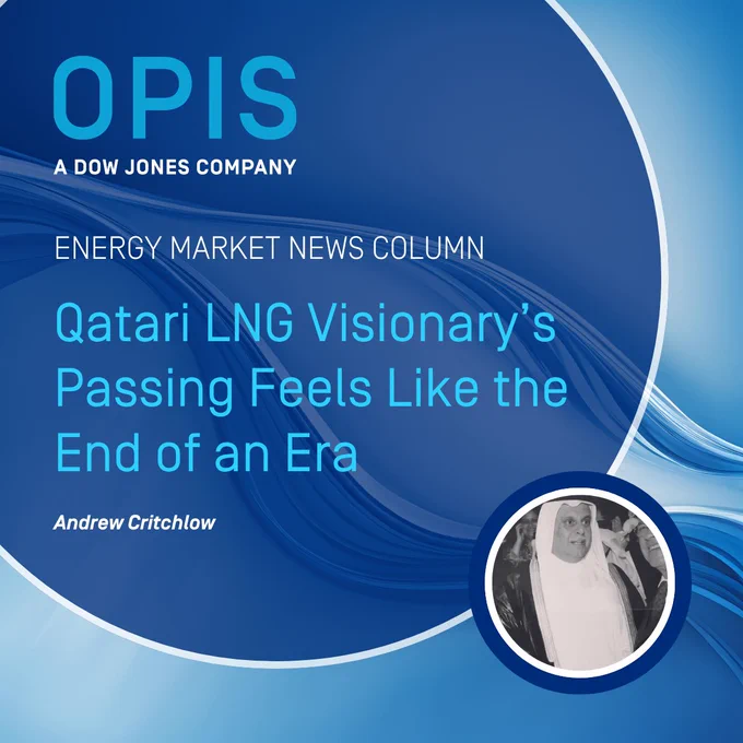 A news column titled "Qatari LNG Visionary’s Passing Feels Like the End of an Era" by Andrew Critchlow, displayed within a blue-themed design. The logo of OPIS, a Dow Jones company, is at the top. A small, circular black-and-white image features a person in traditional Qatari attire.
