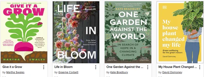 Book covers showcasing gardening and plant care themes with vibrant plants and flowers.