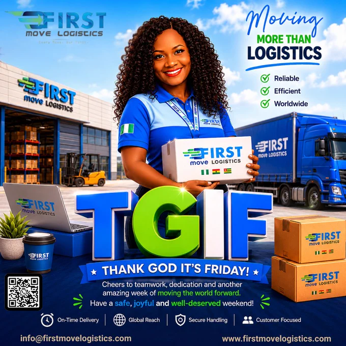 🎉 TGIF — Thank God It’s Friday! 🎉

Another week of dedication, teamwork, and seamless logistics operations successfully delivered.

At First Move Logistics, we’re moving more than cargo — we’re moving businesses, partnerships, and possibilities across borders every single day.

✅ Reliable
✅ Efficient
✅ Worldwide

As the weekend begins, we appreciate our amazing clients, partners, and team members for trusting us to keep the world moving forward.

Wishing you a safe, joyful, and well-deserved weekend! 🚛✨

📧 info@firstmovelogistics.com
🌐 www.firstmovelogistics.com

🔗 Our Social Handles,

First Move Logistics

Facebook : https://www.facebook.com/firstmovelogistics
Instagram : https://www.instagram.com/firstmovelogistics
LinkedIn : www.linkedin.com/company/first-move-logistics
Twitter/X : https://x.com/FirstMoveLog
YouTube : https://youtube.com/@firstmovelogisticsfml?si=P-EHSC7J_T-mqxfr

#JCTRANS #OOG #Globy #OLOFamily #MegaMoveAlliance #WCAWorld #OneWorldOneNetwork #AllWorldShipping