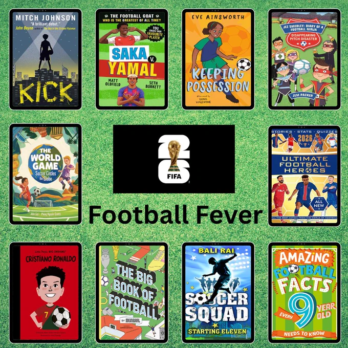 Collection of football-themed book covers arranged on grass background with FIFA World Cup 2026 logo and "Football Fever" text in centre.