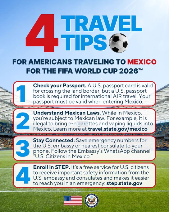 Image of a soccer field with the four travel tips included in the post text