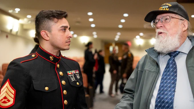 After serving as an enlisted Marine helicopter mechanic and instructor, Juan Rodriguez ’26, left, attended the Cornell Duffield College of Engineering through the Marine Enlisted Commissioning Education Program. Now a second lieutenant, he is headed to flight school to become a pilot.