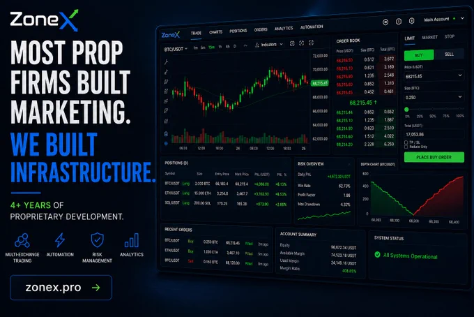 ZoneX trading platform advertisement showing a professional multi-exchange trading terminal with advanced charting, order management, risk controls, analytics, and automation tools. The image highlights the message: “Most prop firms built marketing. We built infrastructure.” and emphasizes four years of proprietary platform development.