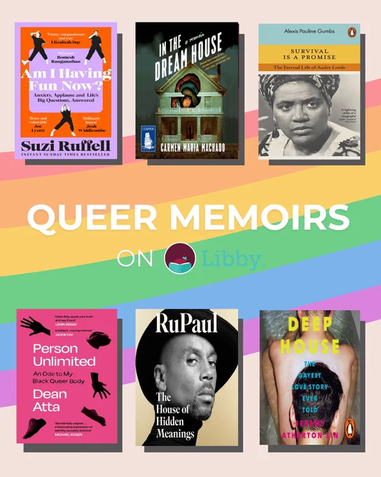 Striking rainbow book covers showcasing the words "Queer Memoirs" in an eye-catching font.