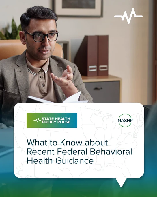 Image: A psychiatrist sits behind a desk talking to a patient with a notebook open in one hand. 
Text: State Health Policy Pulse - What to Know about Recent Federal Behavioral Health Guidance.
