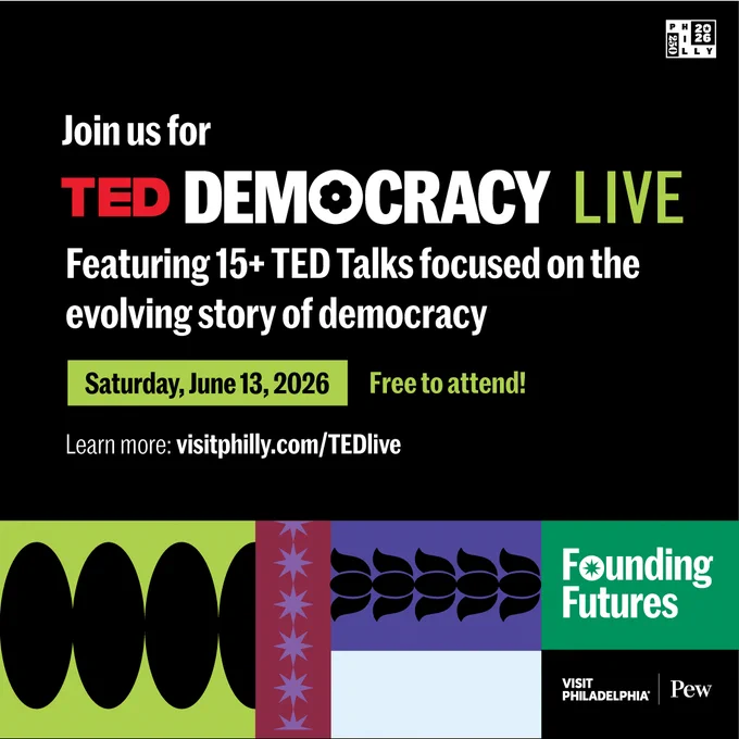 Promotional graphic for TED Democracy Live event with 15  talks on democracy, free on June 13, 2026.