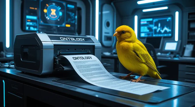 AI generated image by Venice AI

Yellow canary in bright lit cybernetic office beside a printer, reviewing lengthy typed long legal paper document roll out with "Ontology" set as the paper's header in bold format.
