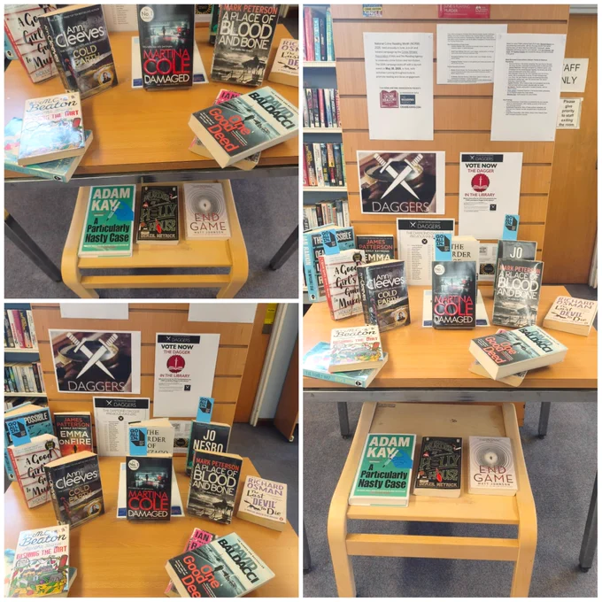 Collage of crime books atop wooden tables