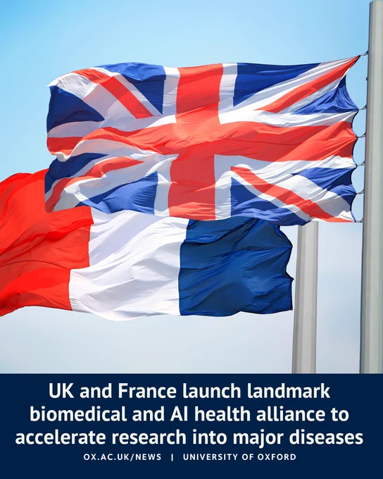 The Union Jack and French tricolour flags fly side by side on flagpoles against a clear blue sky. Overlaid text reads: “UK and France launch landmark biomedical and AI health alliance to accelerate research into major diseases.”
