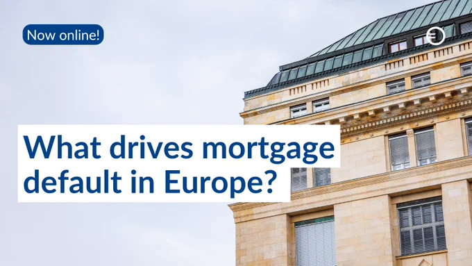 The image shows a building with a metal and glass facade, against a cloudy sky, with text on the facade reading "Now online!" and a question about mortgage default in Europe.