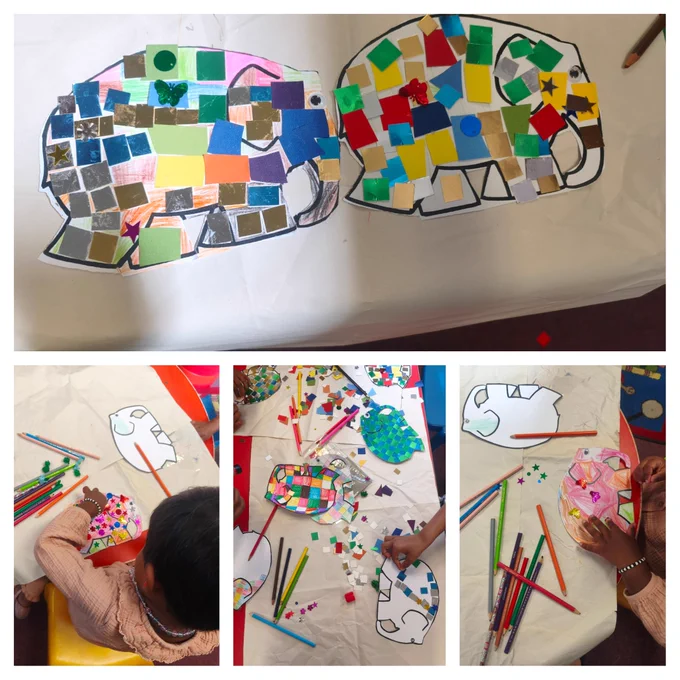 A vibrant collage featuring children engaged in artistic activities using coloured paper, showcasing their creativity.