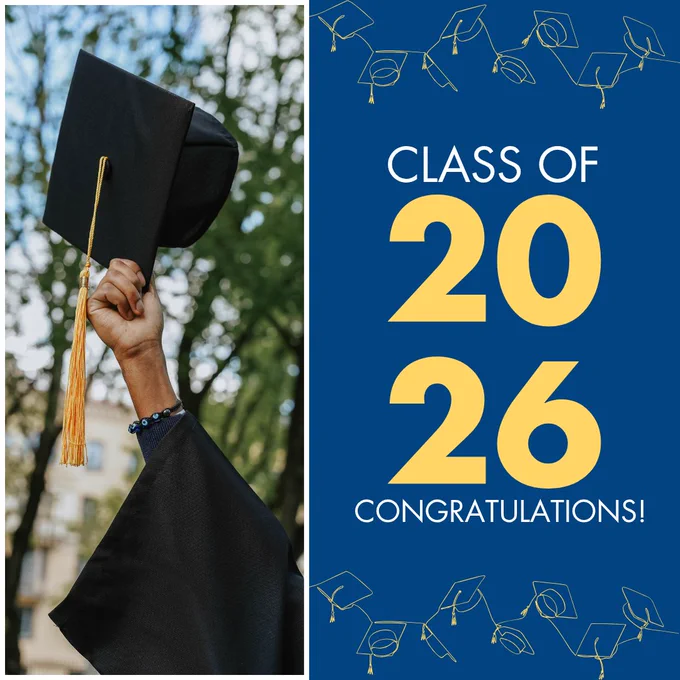 Graduation cap held up by a hand against a blurred nature background, with text "CLASS OF 2026 CONGRATULATIONS!"
