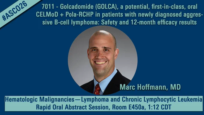 A graphic shows a headshots of Dr. Marc Hoffmann smiling next to information related to his presentation of "Golcadomide (GOLCA), a potential, first‑in‑class, oral CELMoD   Pola‑RCHP in patients with newly diagnosed aggressive B‑cell lymphoma (a‑BCL): Safety and 12‑month efficacy results" happening at the ASCO Annual Meeting
