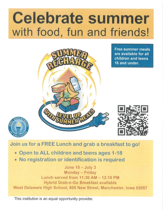 Summer meal program announcement offering free food to children and teens, featuring a cartoon character and event schedule in Iowa.