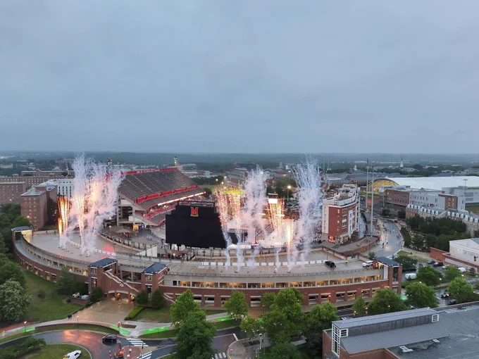 A drone shot of the fireworks celebrating 2026 Commencement.