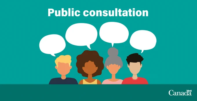 Illustration of four diverse people with blank speech bubbles above their heads. Text: Public consultation  