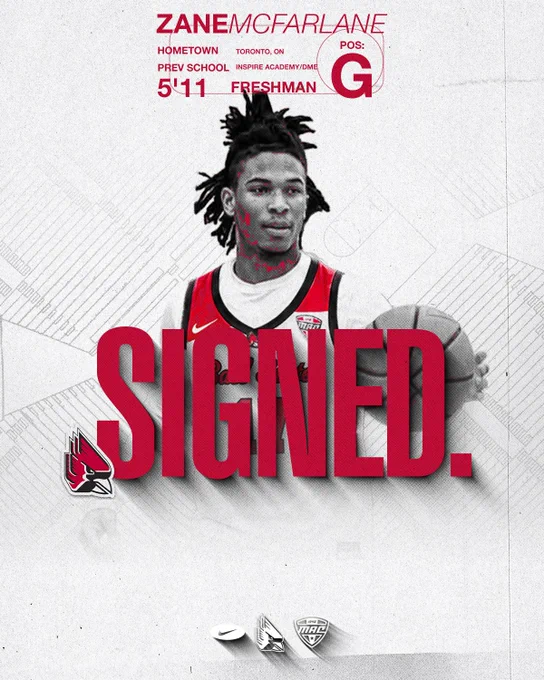 Signed graphic for Zane McFarlane featuring McFarlane in a white, red and black jersey.
Text:
Zane McFarlane
Hometown Toronto, ON
High School Inspire Academy/DME
5'11
Freshman
Pos: G
Signed.