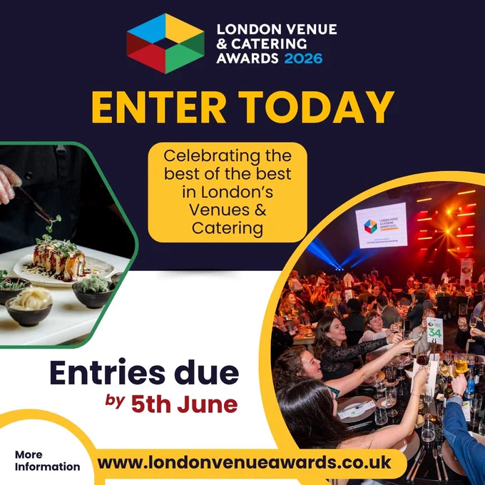 Promotional image for the London Venue & Catering Awards 2026. Features a celebratory event scene and text details.