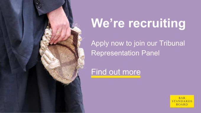 A hand holding a traditional barrister wig, with recruitment text for the Tribunal Representation Panel. "Find out more" is highlighted in yellow.