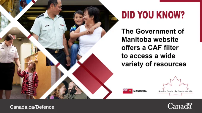 A graphic showing several people, some are in military uniform. Text: The Government of Manitoba website offers a CAF filter to access a wide variety of resources.