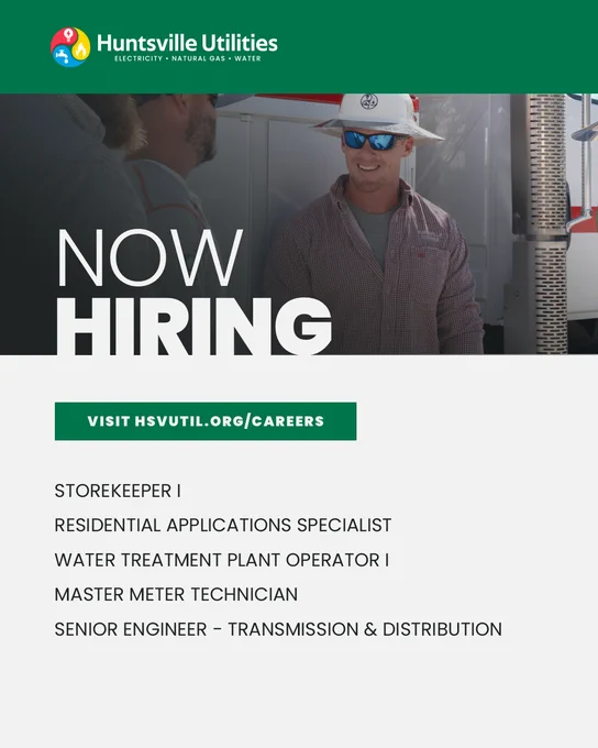 List of open positions at Huntsville Utilities.